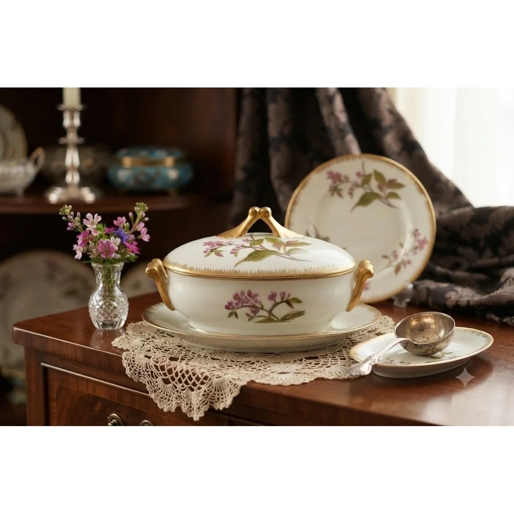 Vintage Floral Porcelain Lidded Tureen and Underplate Set Gold Gilt 6623